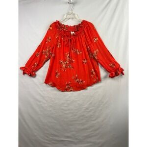 Fig and Flower Peasant Blouse Womens PXL Orange Floral Embroidered Smocked Boho